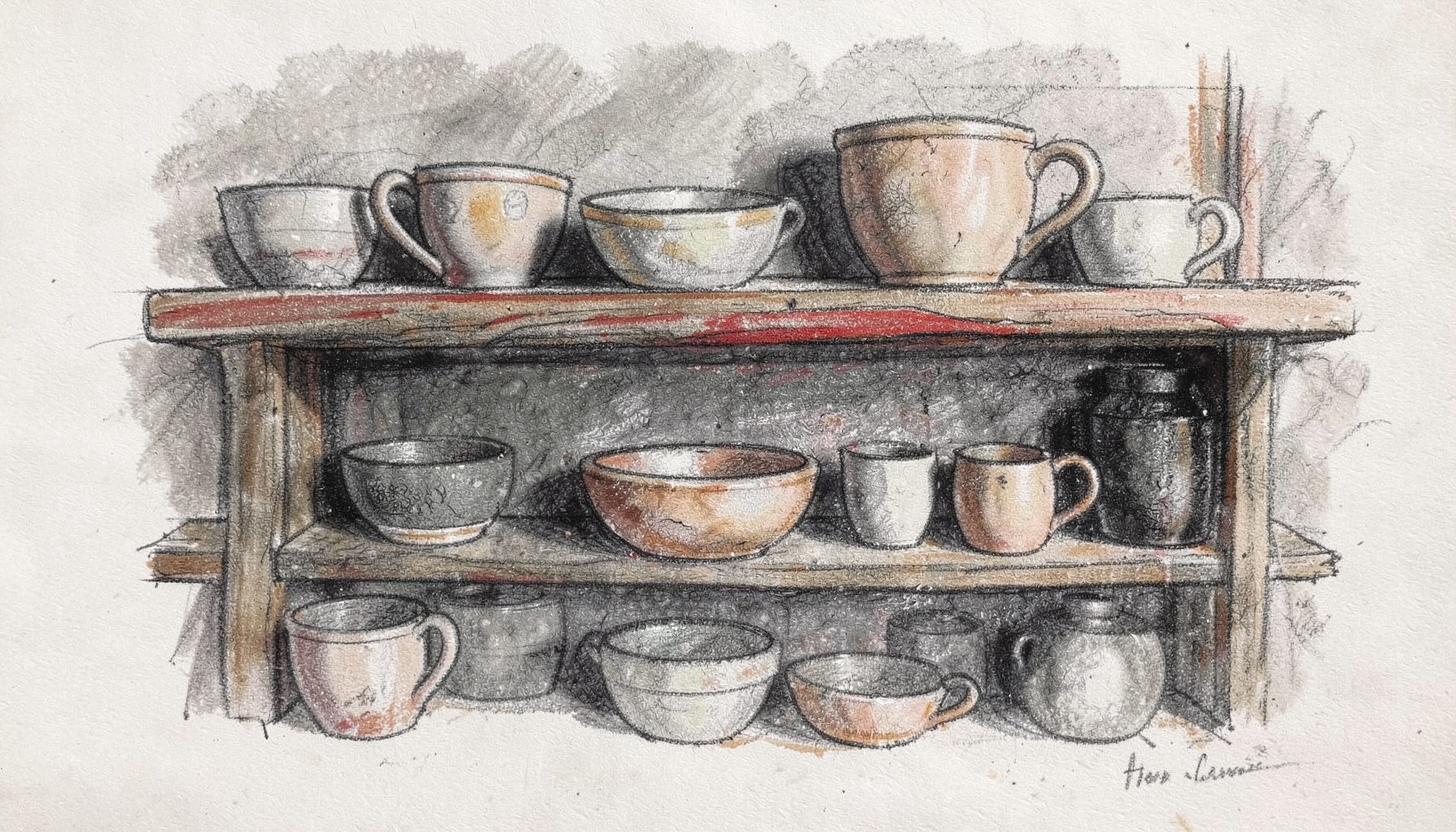Charcoal sketch of pottery bowls and mugs arranged on rustic shelves, soft shading and quiet mood, grays and warm earth tones.