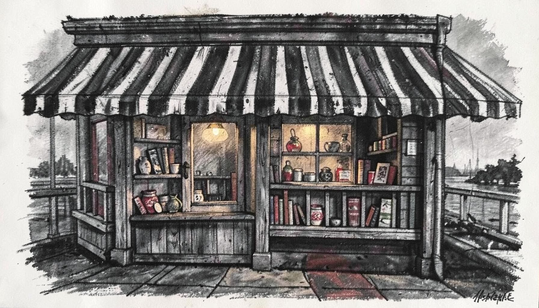 A moody charcoal drawing of a coastal Maine storefront with a striped awning, weathered wooden shelves lined with books and small goods, soft harbor light glowing through a window, deep blacks and warm charcoal tones.