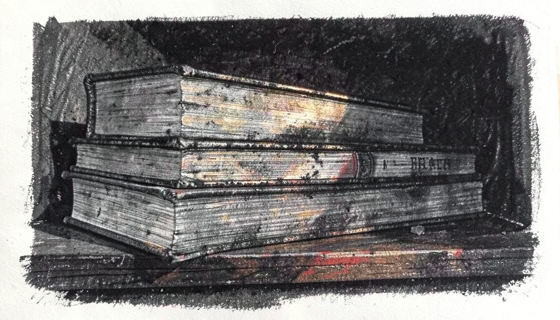 Moody charcoal drawing of stacked hardcover books with worn spines on a dark wood shelf, deep gray and black tones with a single sliver of warm light.