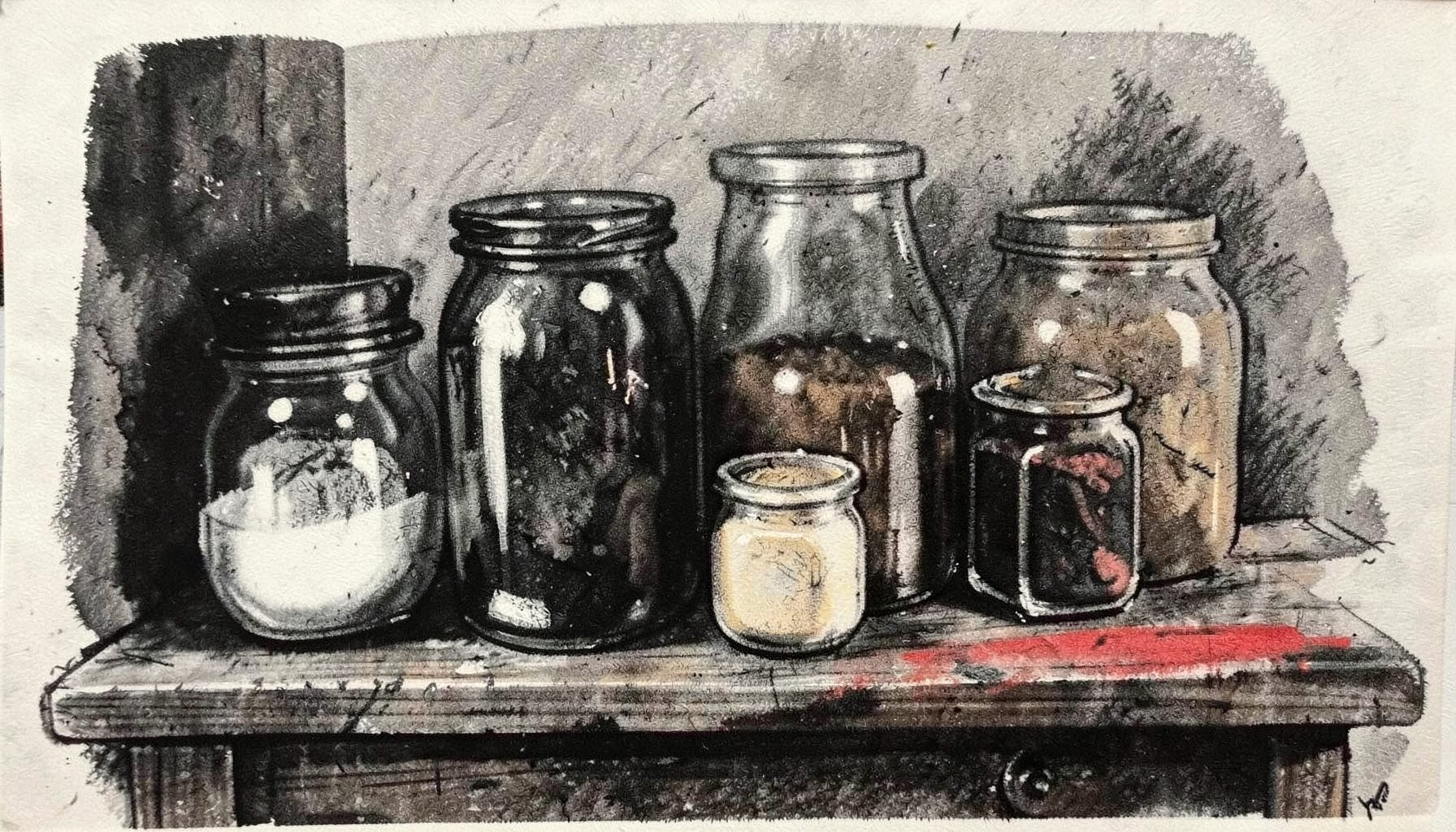 Atmospheric charcoal illustration of jam jars and pantry goods on a wooden counter, deep tonal range with a single warm highlight.