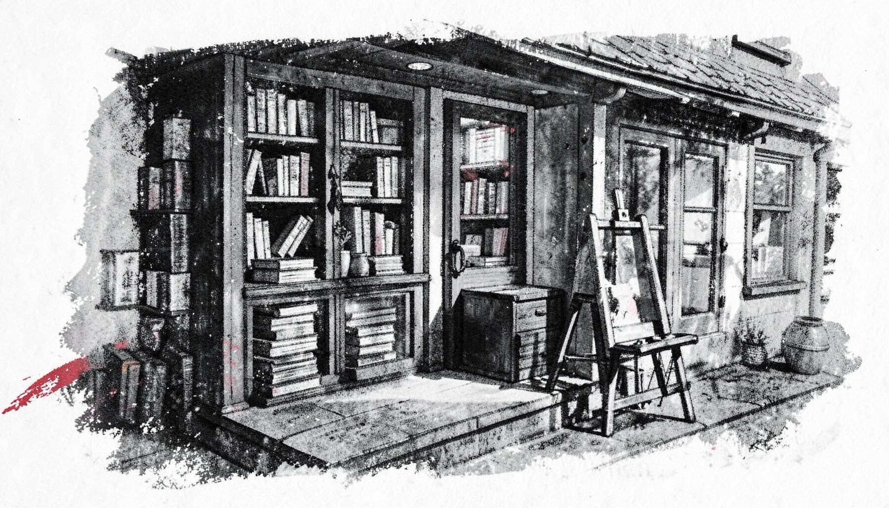 Bold charcoal drawing of a coastal bookshop porch with stacked books and a small easel, rendered in deep black and soft gray tones with a calm, welcoming mood